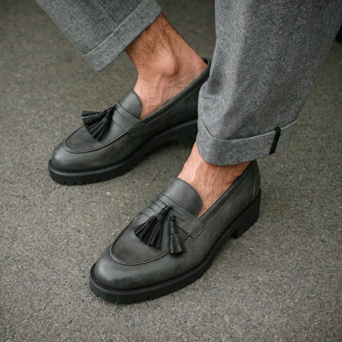 Grey Leather Belize Chunky Tassel Loafers - With Track Soles - AW24