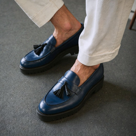 Blue Leather Belize Chunky Tassel Loafers - With Track Soles - AW24