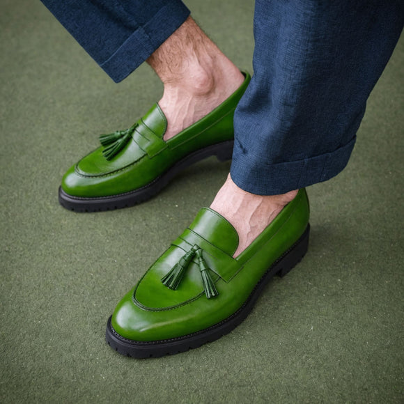 Green Leather Belize Chunky Tassel Loafers - With Track Soles - AW24