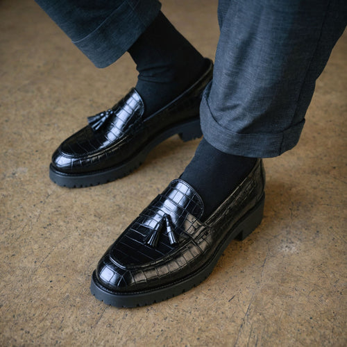 Black Croc Print Leather Belize Chunky Tassel Loafers - With Track Soles - AW24