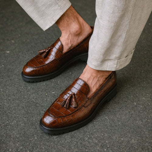 Brown Croc Print Leather Belize Chunky Tassel Loafers - With Track Soles - AW24