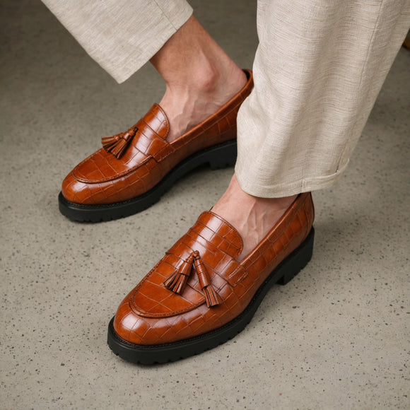 Tan Croc Print Leather Belize Chunky Tassel Loafers - With Track Soles - AW24