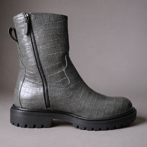 Grey Croc Print Leather Massimiliano With Thick Sole Zipper Boots