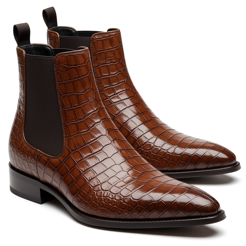 Brown Croc Print Leather Riccardo ride Slip On Chelsea Boots