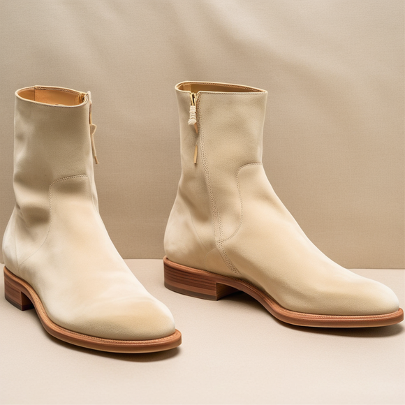 Cream Suede Leather Draven Zipper Boots - AW24