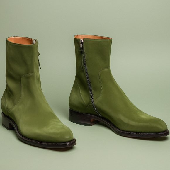 Green Suede Leather Draven Zipper Boots - AW24