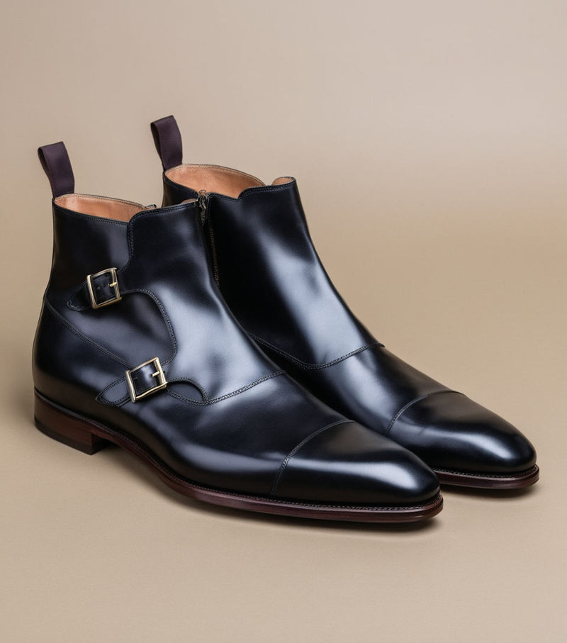 Black Leather  Bordeaux Zipper Monk Strap Boots