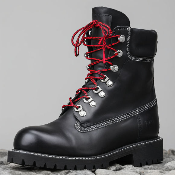 Black Leather Abbraccio Mid Calf Rugged Lace Up Combat Hiking Boots with Chunky Track Sole