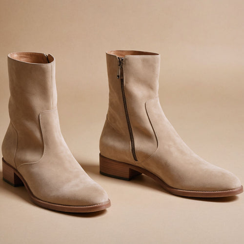 Cream Suede Leather Draven Zipper Boots - AW24