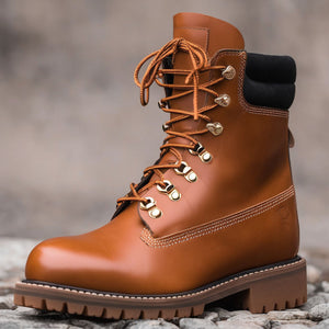 Tan Leather Abbraccio Mid Calf Rugged Lace Up Combat Hiking Boots with Chunky Track Sole