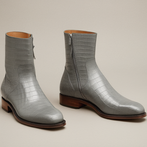 Grey Croc Print Leather Draven Zipper Boots - AW24