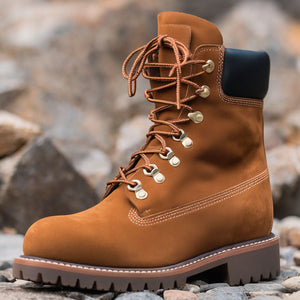 Tan Suede Leather Abbraccio Mid Calf Rugged Lace Up Combat Hiking Boots with Chunky Track Sole