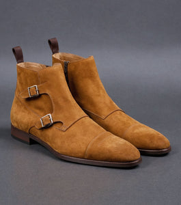 Tan Suede Leather  Bordeaux Zipper Monk Strap Boots