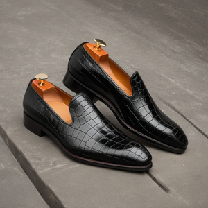 Black Croc Print Leather Boreas Minimalist Loafers