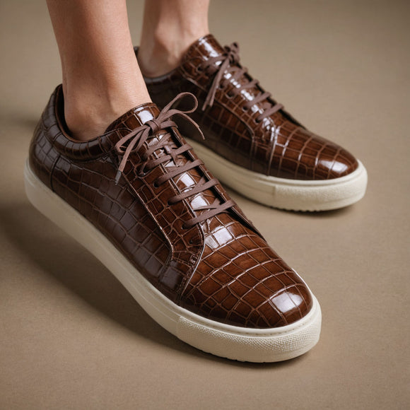 Brown Croc Print Leather Paride Lace Up With White Sole Sneakers