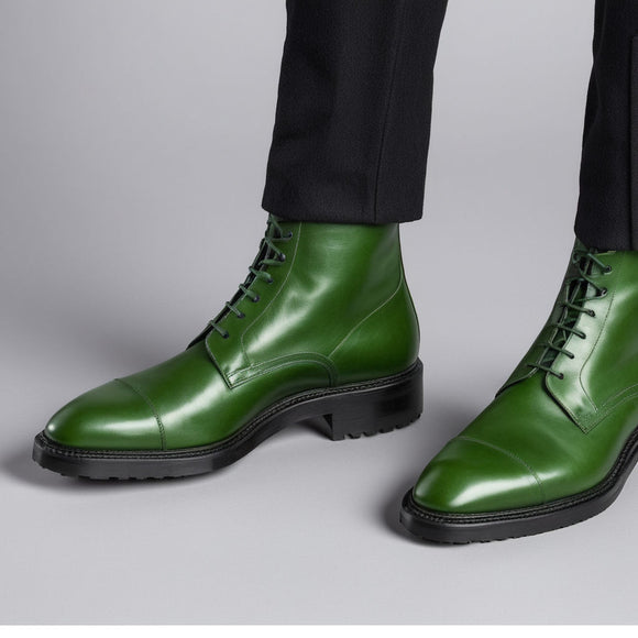 Green Leather Likech Lace Up Combat Boots -AW24