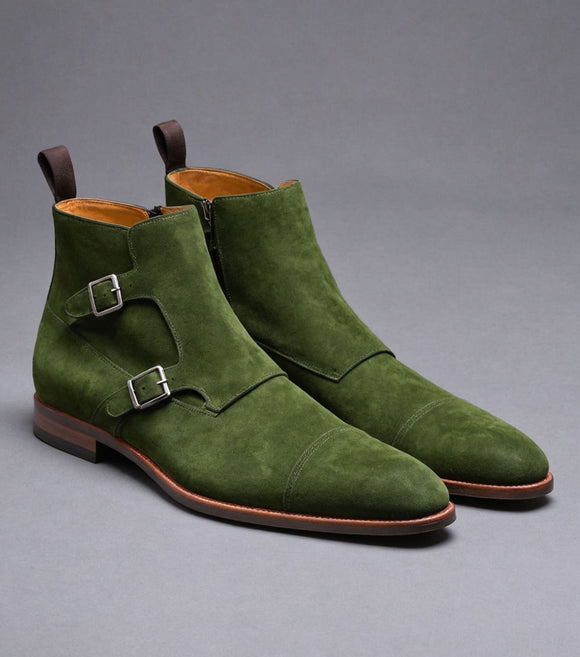 Green Suede Leather  Bordeaux Zipper Monk Strap Boots