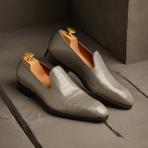 Grey Croc Print Leather Boreas Minimalist Loafers