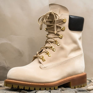 Cream Suede Leather Abbraccio Mid Calf Rugged Lace Up Combat Hiking Boots with Chunky Track Sole