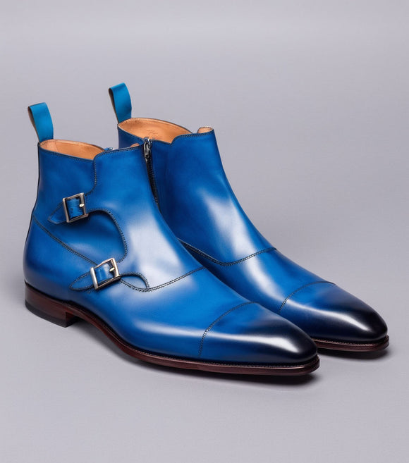 Blue Leather Bordeaux Monk Strap Boots