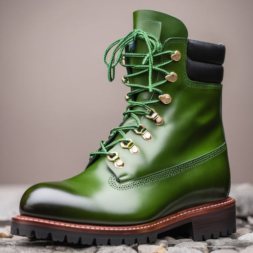 Green Leather Abbraccio Mid Calf Rugged Lace Up Combat Hiking Boots with Chunky Track Sole