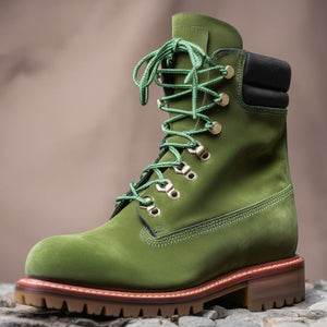 Green Nubuck Leather Abbraccio Mid Calf Rugged Lace Up Combat Hiking Boots with Chunky Track Sole