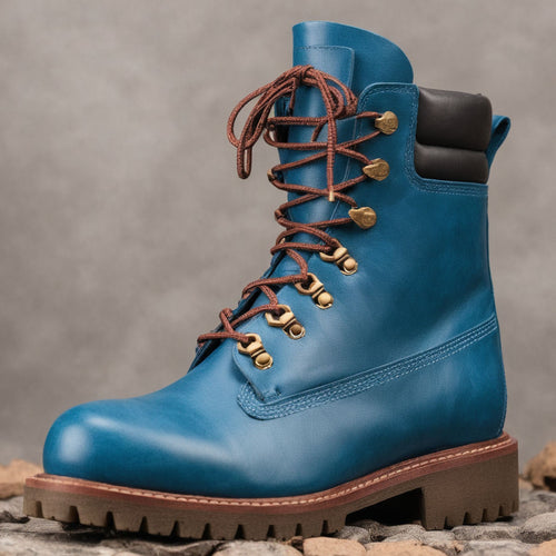 Blue Leather Abbraccio Mid Calf Rugged Lace Up Combat Hiking Boots with Chunky Track Sole