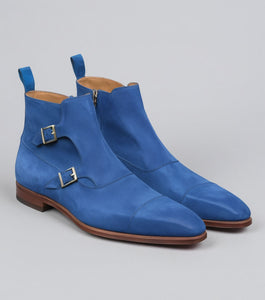 Blue Suede Leather Bordeaux Monk Strap Boots