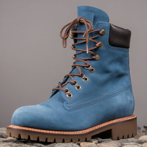 Blue Nubuck Leather Abbraccio Mid Calf Rugged Lace Up Combat Hiking Boots with Chunky Track Sole