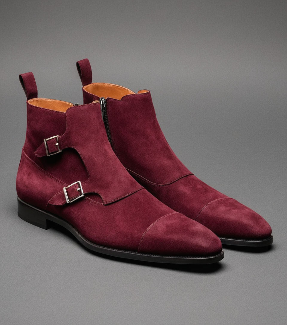 Burgundy Suede Leather  Bordeaux Zipper Monk Strap Boots