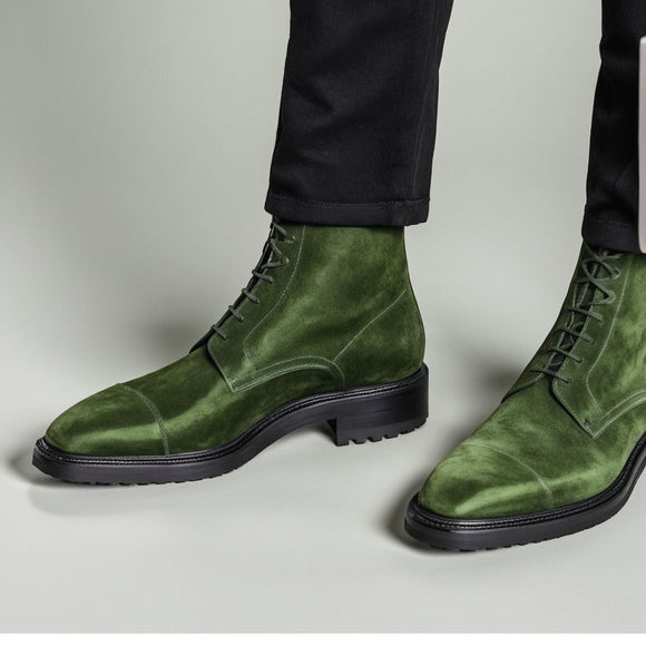 Green Suede Leather Likech Lace Up Combat Boots -AW24