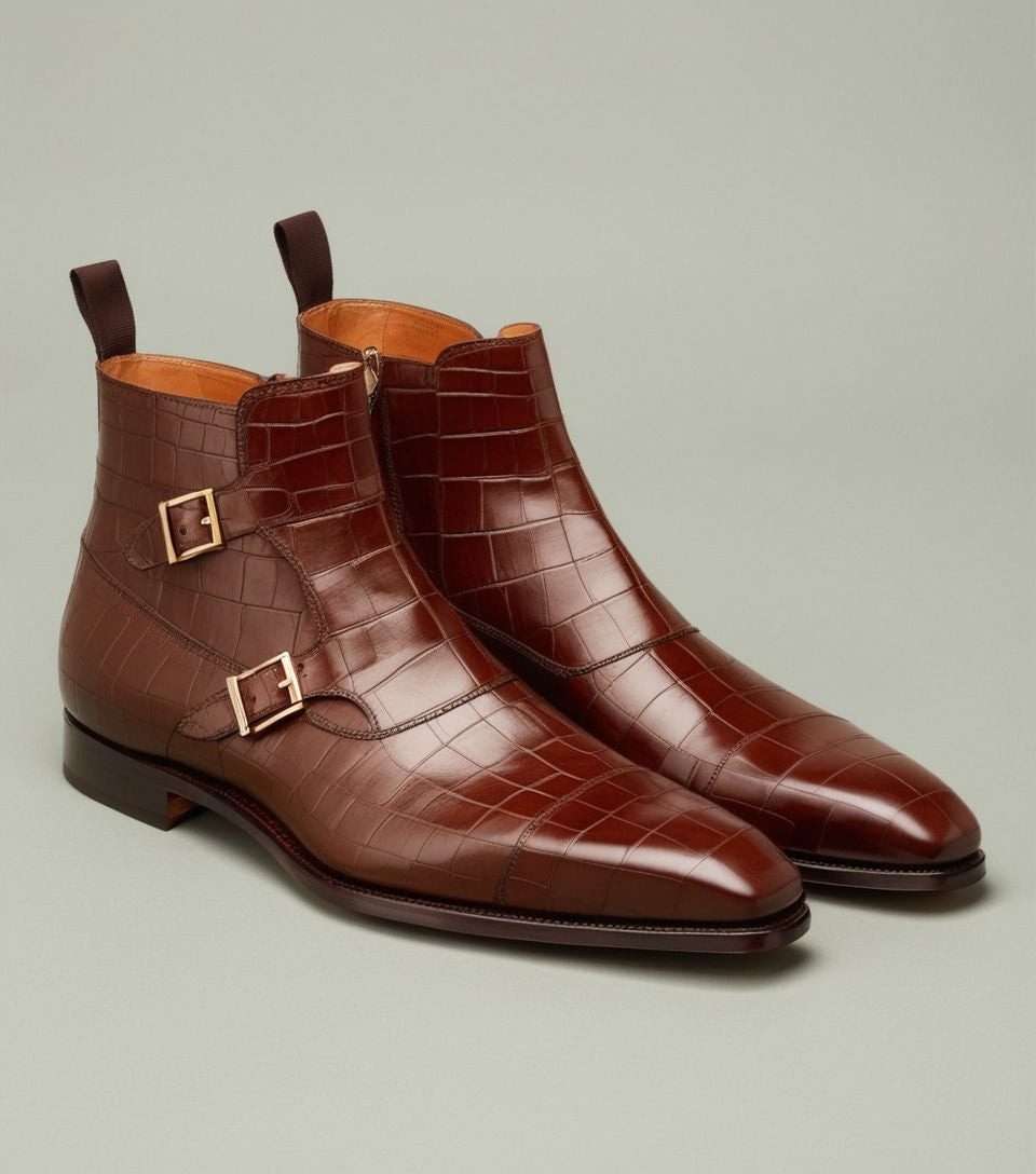 Brown Croc Print Leather  Bordeaux Zipper Monk Strap Boots