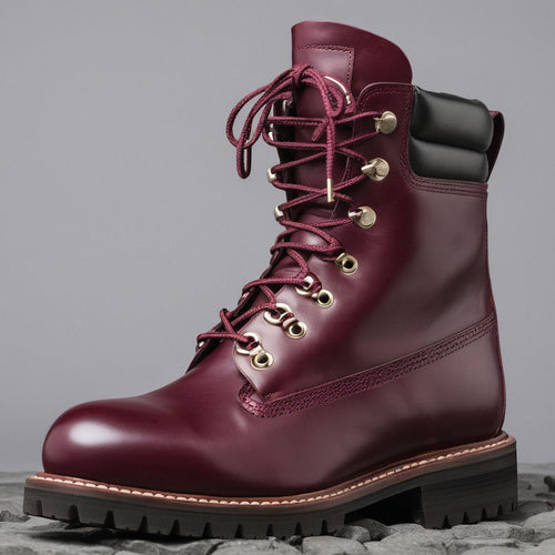 Burgundy Leather Abbraccio Mid Calf Rugged Lace Up Combat Hiking Boots with Chunky Track Sole