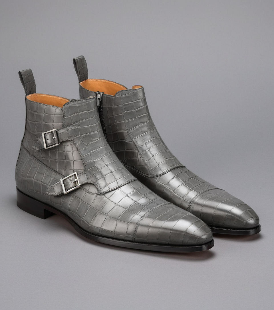 Grey Croc Print Leather  Bordeaux Zipper Monk Strap Boots