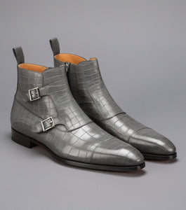 Grey Croc Print Leather Bordeaux Monk Strap Boots