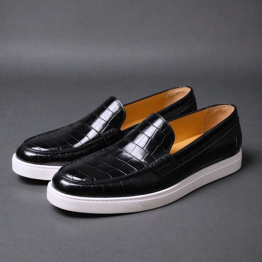 Black Croc Print Leather Anthea Slip On Sneakers : The Dapper Edit