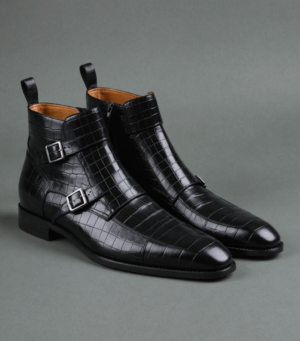 Black Croc Print Leather  Bordeaux Zipper Monk Strap Boots : The Dapper Edit