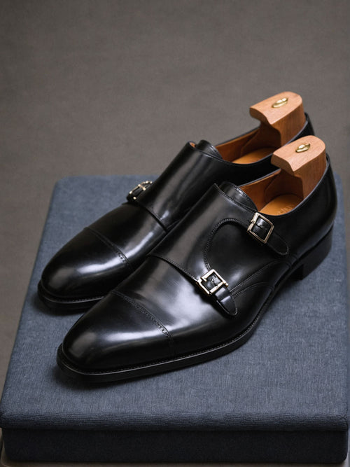 Black Leather Lysander Toe Cap Monk Straps