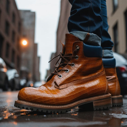 Brown Croc Print Leather Appoggio Ankle Rugged Lace Up Combat Hiking Boots with Chunky Track Sole