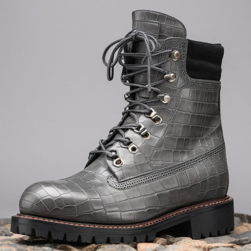 Grey Croc Print Leather Abbraccio Mid Calf Rugged Lace Up Combat Hiking Boots with Chunky Track Sole