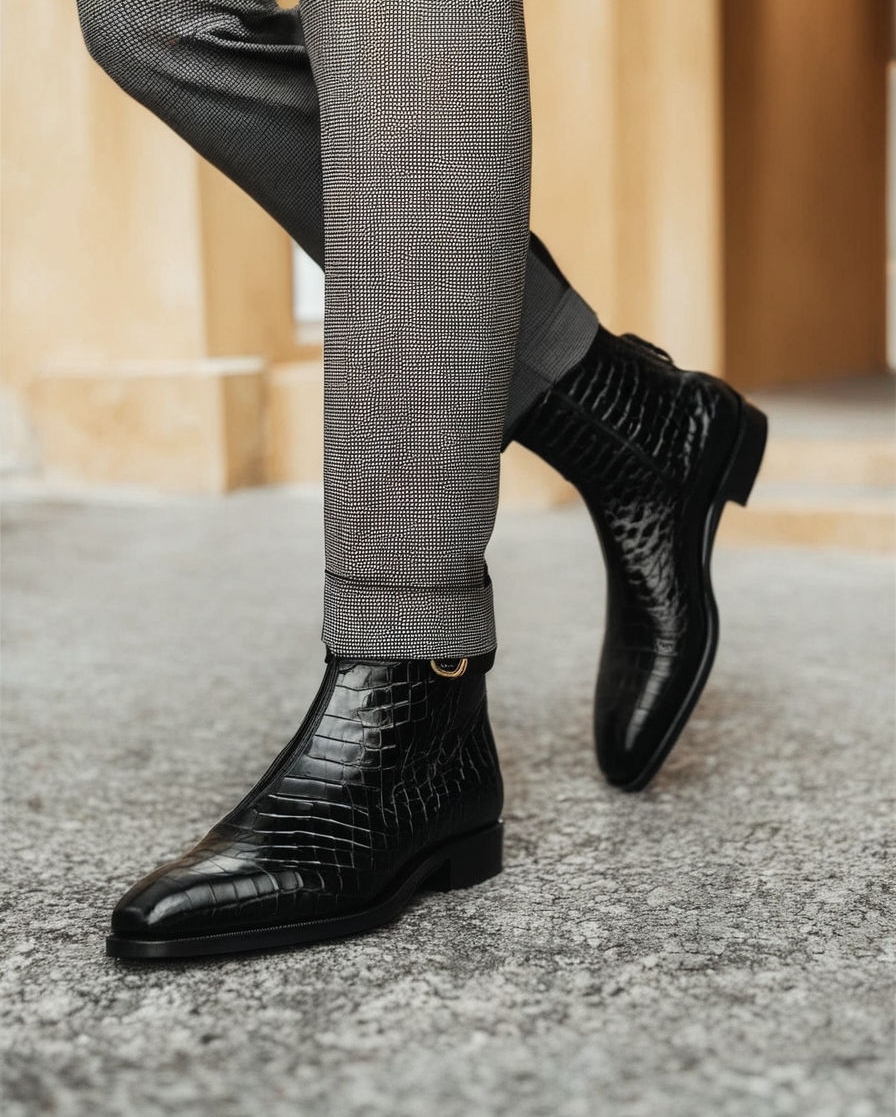 Black Croc Print Leather Amarante Slip On Jodhpur Boots : The Dapper Edit