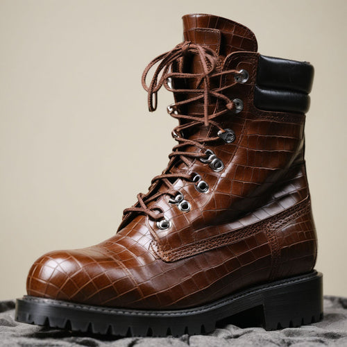 Brown Croc Print Leather Abbraccio Mid Calf Rugged Lace Up Combat Hiking Boots with Chunky Track Sole