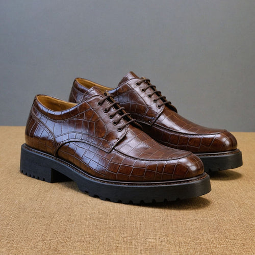 Brown Croc Print Leather Orion Chunky Derby Shoes - SS23