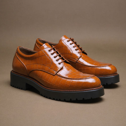 Tan Croc Print Leather Orion Chunky Derby Shoes - SS23