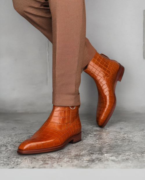 Tan Croc Print Leather Amarante Slip On Jodhpur Boots