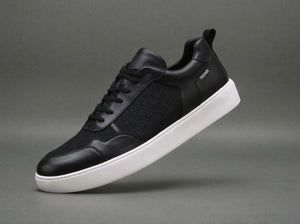 Black Leather Newsara Lace Up Running Sneaker Shoes With White Sole - Summer 2024 Collection