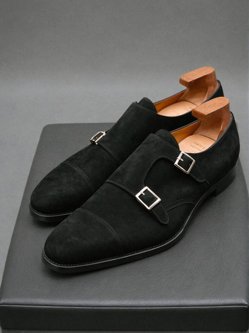 Black Suede Leather Lysander Toe Cap Monk Straps