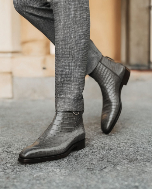 Grey Croc Print Leather Amarante Slip On Jodhpur Boots