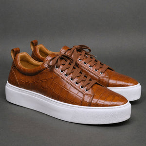 Tan Croc Print Leather Quasimodo Lace Up With White Sole Sneakers