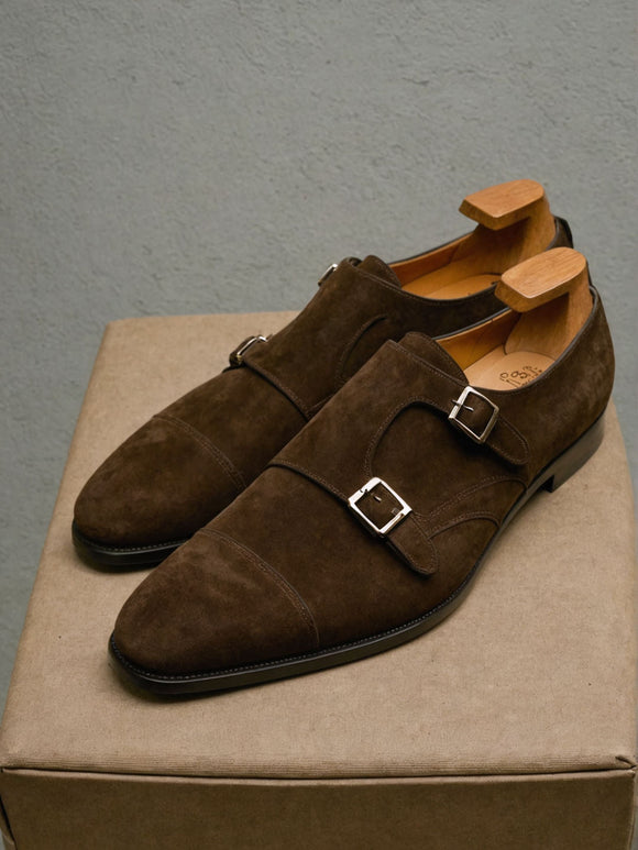 Dark Brown Suede Leather Lysander Toe Cap Monk Straps